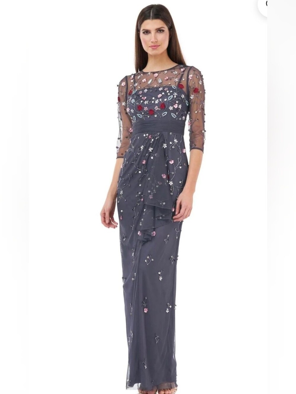JS Collections Charcoal Multi Floral 3D Embellished Gown Sheer Neckline Size 4